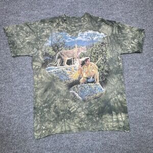 The Mountain T Shirt Men XL Green Tie Dye Native American Mountain Lion Graphic